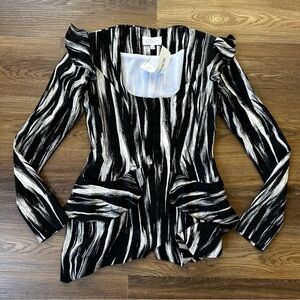 Joy Cioci Womens Jenelle Blazer 100% Silk Zipper Size 4 USA Ruffle Stripe Black